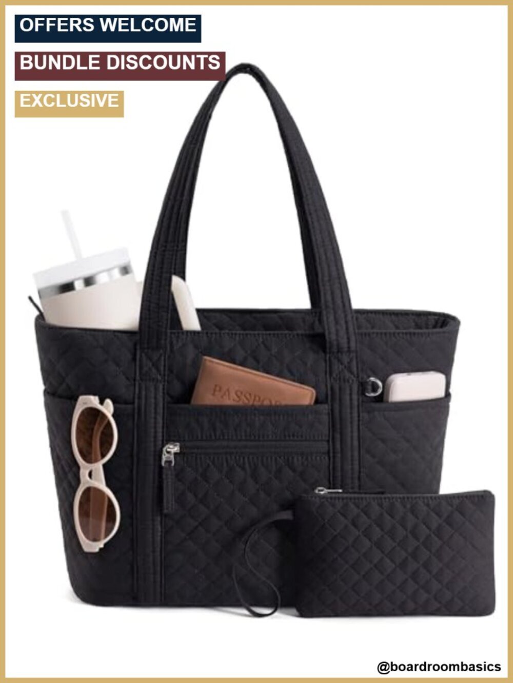Quilted Cotton Tote Bag with 40oz Cup Holder, 14" Laptop Sleeve